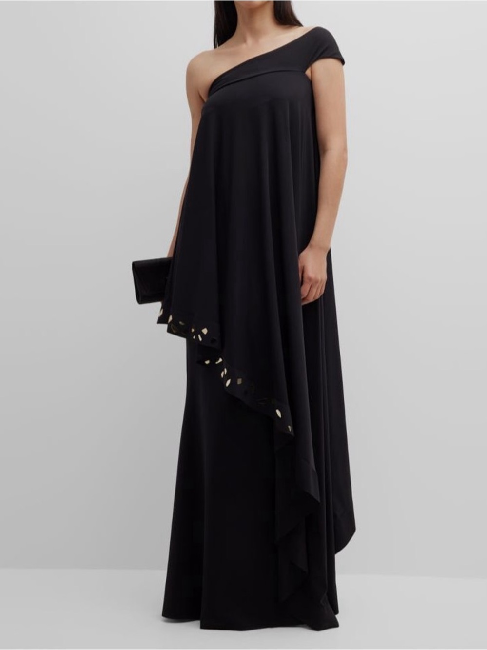 Chiara Boni One-Shoulder Black Asymmetric Gown with Cutout Hem